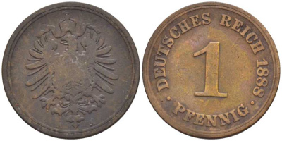 ГЕРМАНИЯ 1 ПФЕННИГ 1888 A, СТАРОГЕРБОВКА KM 1, J. 1, Weege 1 медь 206-1257