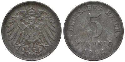 Германия 5 пфеннигов 1922 D KM 19, J. 297, Weege 5 железо 4118-1212