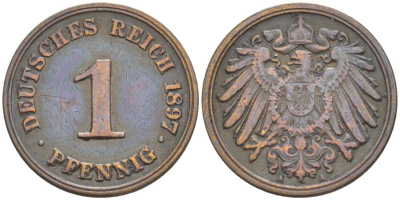 Германия 1 пфенниг 1897 A KM 10, J. 10, Weege 2 медь 4528-1144