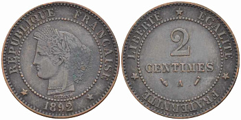 ФРАНЦИЯ 2 САНТИМА 1892 А, ТРЕТЬЯ РЕСПУБЛИКА (1871-1940) KM 827.1, LE FRANC 109.18 бронза 105-348