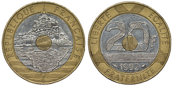 Франция 20 франков 1992 Мон-Сен-Мишель KM 1008.2, Le Franc 403.3 триметалл 4123-711