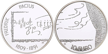 Финляндия 10 евро 2009 Фредрик Пациус, композитор KM 148 серебро  PROOF 1084-9-61