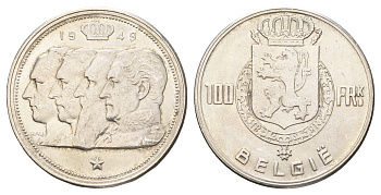 Бельгия 100 франков 1949 Belgie, королевская династия KM 139 серебро 1518-1124