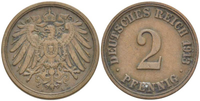 Германия 2 пфеннига 1913 A KM 16, J. 11, Weege 4 медь 212-422