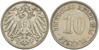 ГЕРМАНИЯ 10 ПФЕННИГОВ 1914 F KM 12, J. 13, Weege 8 медно-никель 212-246