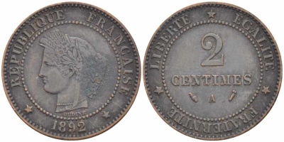 ФРАНЦИЯ 2 САНТИМА 1892 А, ТРЕТЬЯ РЕСПУБЛИКА (1871-1940) KM 827.1, LE FRANC 109.18 бронза 105-348