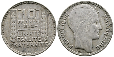 Франция 10 франков 1932 Пьер Тюрен KM 878, Le Franc 360.5 серебро 79-1545