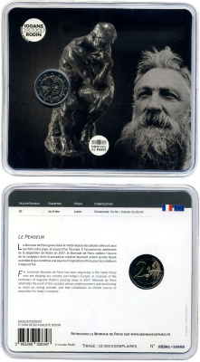 Франция 2 евро 2017 100 лет со дня смерти Огюста Родена, буклет, пластик, запайка KM 104 биметалл BUNC 966-5-2