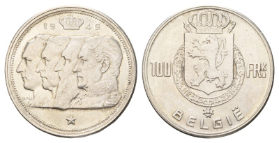 Бельгия 100 франков 1949 Belgie, королевская династия KM 139 серебро 1518-1124