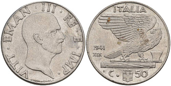 ИТАЛИЯ 50 ЧЕНТЕЗИМО 1941 R, ГОД XIX, ВИКТОР ЭММАНУИЛ III (1900-1946) KM 76b, VEM3. 1063 нержавеющая сталь 3853-413