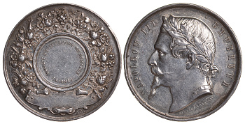 ФРАНЦИЯ МЕДАЛЬ 1870 НАПОЛЕОН III ИМПЕРАТОР, САДОВОДЧЕСКОЕ ОБЩЕСТВО ГОРОДА СУАССОН, ДЕПАРТАМЕНТ ЭНА, диаметр 37 мм., вес 18,83 гр. серебро 01-107-24