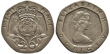 Великобритания 20 пенсов 1982 Елизавета II (1952-2022) KM 931, Spink 4230 (G1) медно-никель 186-846