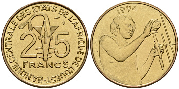 Западная Африка (BCEAO) 25 франков 1994 KM 9 алюминиевая бронзза UNC 4591-227