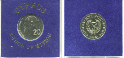 Кипр 20 центов 1989 ZENON OF KITION, в оригинальной пластиковой упаковке KM 62.1 бронза  PROOF  1-5-2-54