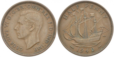 Великобритания 1/2 пенни 1940 Георг VI (1936-1952) KM 844, Spink 4115 бронза 212-1214