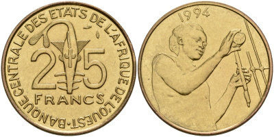 Западная Африка (BCEAO) 25 франков 1994 KM 9 алюминиевая бронзза UNC 4591-227