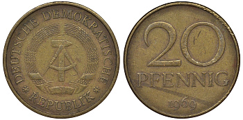 ГДР 20 пфеннигов 1969 А, первый год KM 11 латунь 62-1025