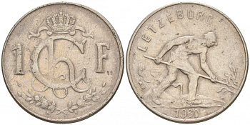 Люксембург 1 франк 1960 сталевар KM 46.2 медно-никель 68-617