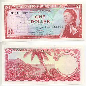 Восточно-Карибские штаты 1 доллар 1965 Британская администрация, серия В91, подпись 10 Pick 13g бумага UNC (пресс) 3295-120-1