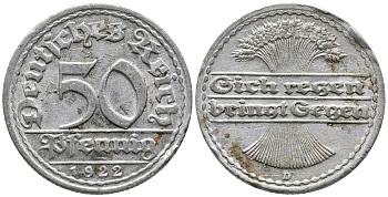 ГЕРМАНИЯ 50 ПФЕННИГОВ 1922 D KM 27, J. 301 алюминий 24-1056
