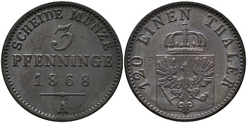 ПРУССИЯ 3 ПФЕННИГА 1868 А, ВИЛЬГЕЛЬМ I (1861-1888) KM 482 медь 4448-1124