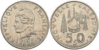 Французская Новая Каледония 50 франков 2008 хижина среди сосен и пальм, (IEOM) KM 13a, Schoen 15a, Lec 128i медно-никель 114-246