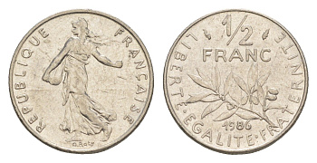 Франция 1/2 франка 1986 сеятель KM 931.1, Le Franc 198.25 никель 4649-1228