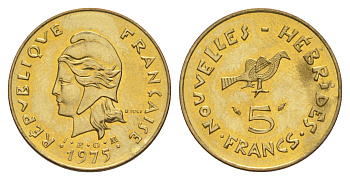 Французские Новые Гебриды 5 франков 1975 заморские территории KM 6.2 медь алюминий никель  aUNC  4641-123