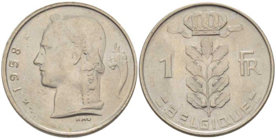 БЕЛЬГИЯ 1 ФРАНК 1958 BELGIQUE, БОДУЭН I (1951-1993) KM 142.1 медно-никель 202-957