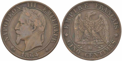 ФРАНЦИЯ 5 САНТИМОВ 1864 BB, НАПОЛЕОН III (1852-1870) KM 797.2, LE FRANC 117.12 бронза 108-554