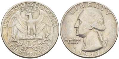 США 25 центов (квотер) 1967 Вашингтон KM 164a медь плакированная медно-никелем 4402-1154