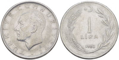 Турция 1 лира 1963 Мустафа Кемаль Ататюрк KM 889а.1 нержавеющая сталь 4529-1246