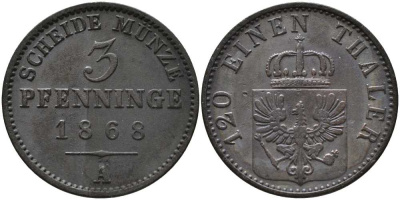 ПРУССИЯ 3 ПФЕННИГА 1868 А, ВИЛЬГЕЛЬМ I (1861-1888) KM 482 медь 4448-1124