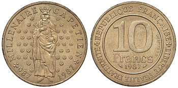 Франция 10 франков 1987 1000 лет первому королю Франции Гуго Капету KM 961 d, Le Franc 371.2 никелированная бронза 4123-636
