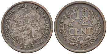 НИДЕРЛАНДЫ 1/2 ЦЕНТА 1917 ВИЛЬГЕЛЬМИНА I (1891-1948) KM 138 бронза 4547-1246