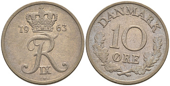 ДАНИЯ 10 ЭРЕ 1963 C; S, ФРЕДЕРИК IX (1947-1972) KM 849.1 медно-никель 187-645