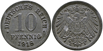ГЕРМАНИЯ 10 ПФЕННИГОВ 1918 KM 26, J. 299 цинк 3999-621
