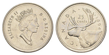 Канада 25 центов 1994 Елизавета II (1952-2022), олень KM 184 никель UNC 4631-644