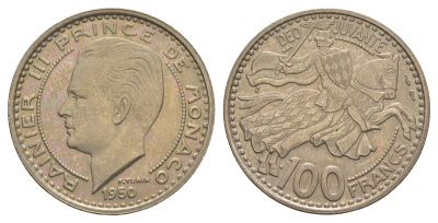 Монако 100 франков 1950 Ренье III (1949-2005) KM 133 медно-никель 4653-545