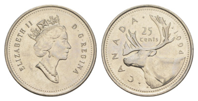 Канада 25 центов 1994 Елизавета II (1952-2022), олень KM 184 никель UNC 4631-644