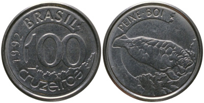 Бразилия 100 крузейро 1992 KM 623, Schon 132 нержавеющая сталь 4576-149