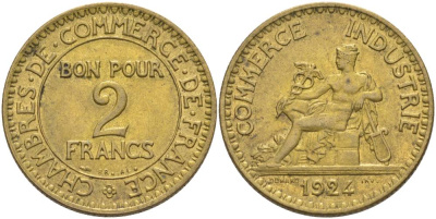 ФРАНЦИЯ 2 ФРАНКА 1924 ТИП CHAMBRES DE COMMERCE KM 877, LE FRANC 267.6 алюминиевая бронза 69-1145