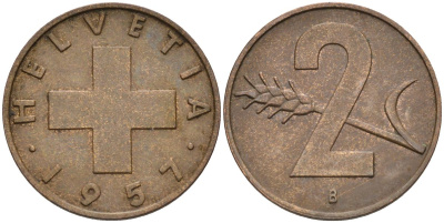 Швейцария 2 раппена 1957 В KM 47 бронза 4591-1126