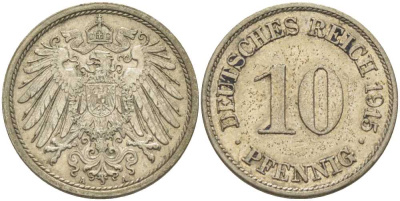 ГЕРМАНИЯ 10 ПФЕННИГОВ 1915 A KM 12, J. 13, Weege 8 медно-никель 212-317