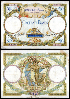 Франция 50 франков 1932 Меркурий, ангелы. Аллегорическая пара Pick 80 a бумага 451-996-2