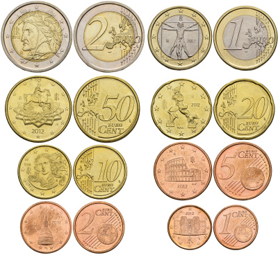 Италия евронабор из 8 монет 2012 1, 2, 5, 10, 20, 50 евроцентов, 1 и 2 евро KM 210, 211, 212, 247, 248, 249, 250, 251 UNC N6-30