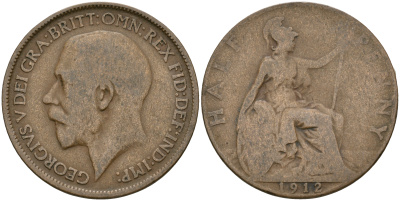 Великобритания 1/2 пенни 1912 Георг V (1910-1936) КМ 809 , Spink 4056 бронза    4110-431