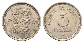 Эстония 5 марок 1922 год-тип KM 3 медно-никель 4686-1255