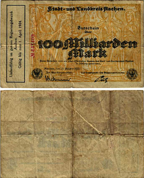 ААХЕН 100000000000 МАРОК 1923 НОТГЕЛЬД, 12 ОКТЯБРЯ 1923 - 1 АПРЕЛЯ 1924 Грабовски 1h бумага G-VF 6352-49-2-1