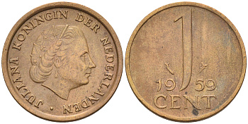 Нидерланды 1 цент 1959 Юлиана (1948-1980) КМ 180 бронза    4174-555